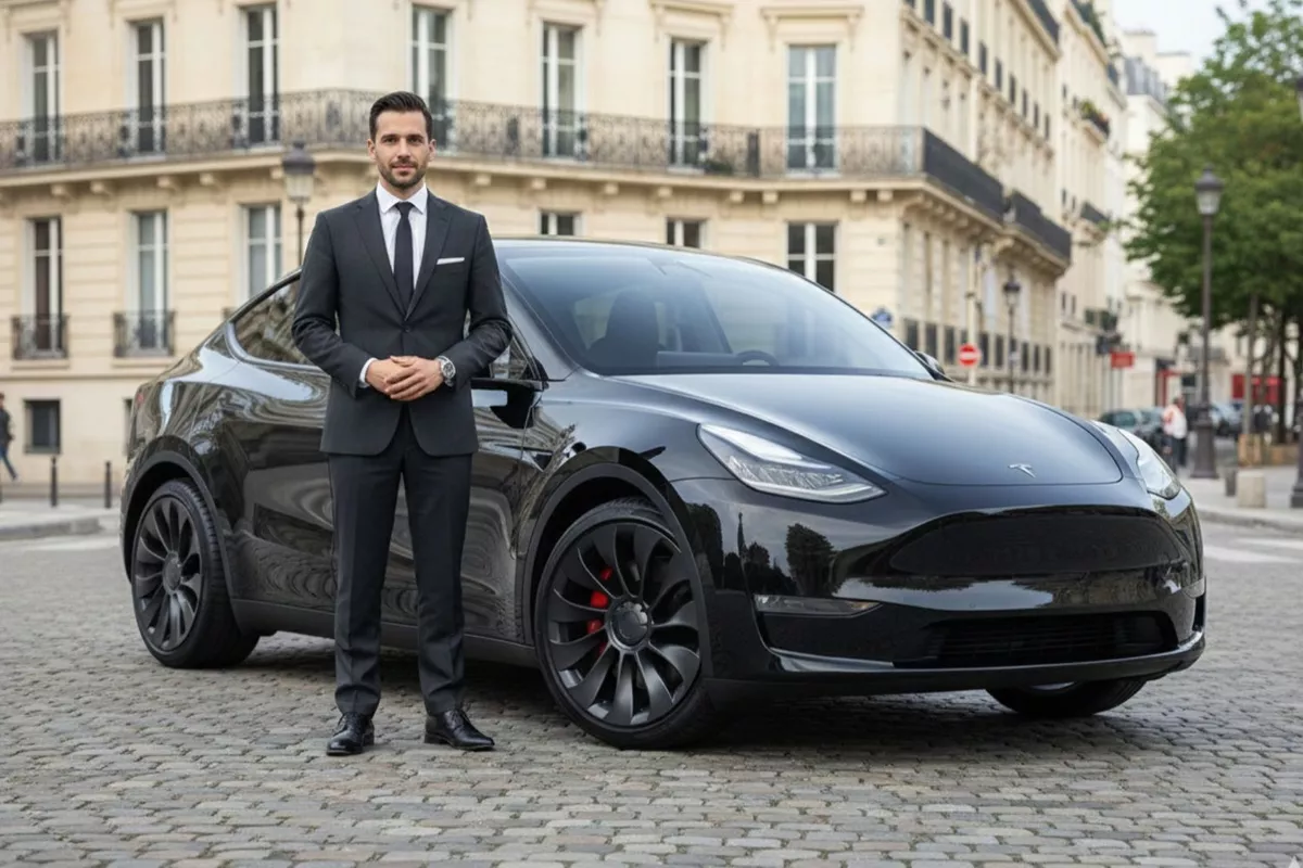 Chauffeur privé VTC longue distance Paris — confort Tesla intérieur passagers